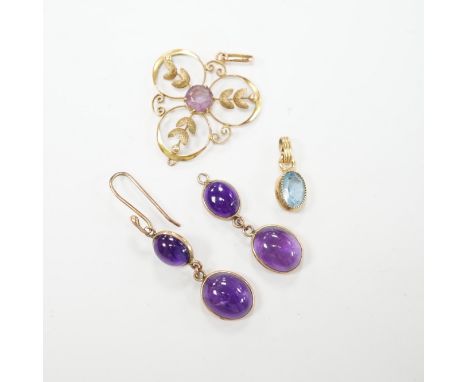 A pair of yellow metal mounted two stone cabochon amethyst set drop earrings, overall 40mm,  together with two yellow metal a