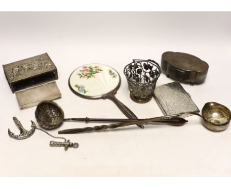 A group of assorted silver and white metal items including a George V trinket box, cigarette case, sterling stamp box, Dutch 