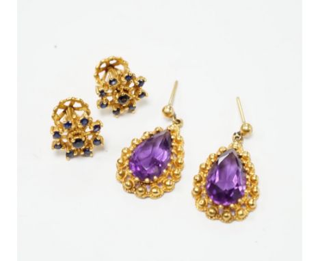 Two pairs of yellow metal and gem set earrings including amethyst pear cut, 21mm, gross weight 12 grams.