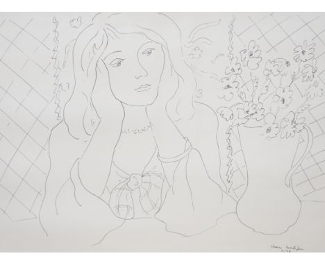 Attributed to Elmyr de Hory after Henri Matisse (1869-1964), pen and ink, lady and vase of flowers, bears signature and dated