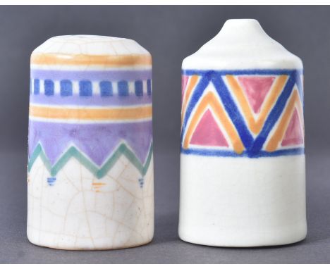 Poole Pottery - a matched pair of Art Deco style Poole Pottery hand painted condiment salt and pepper shakers. One lacking a 