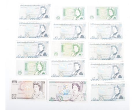 A collection of x16 vintage Bank Of England bank notes, comprising: four £1 notes, nine £5 notes, one £10 and one £20 note. L