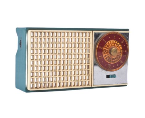 A vintage retro 1960s Pye portable plastic radio. Teal plastic casing, with off-white speaker section and red tuning knob to 