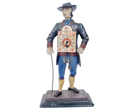 In the style of Jan van Egmond - an early 20th century hand painted metal clock, in the form of a clock peddler, with top hat