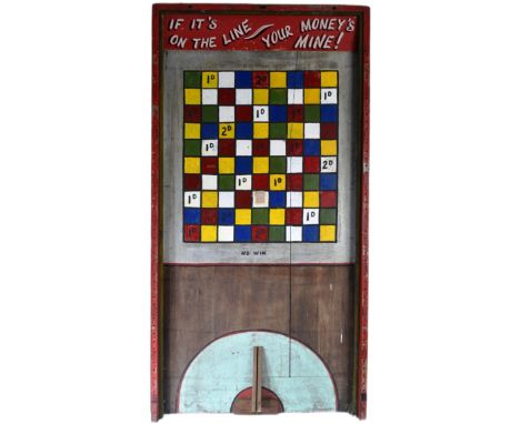 A vintage Fairground / Arcade / Funfair ' Roll-A-Penny ' game board. Wooden construction, hand painted with various notation 