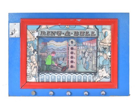 A vintage fairground style ' Ring-A-Bell ' penny arcade / slot machine type game. Featuring a viewing panel to the centre, wi