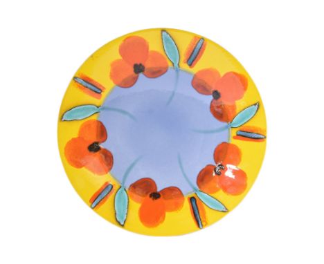Alan Clarke for Poole Pottery - Flowers - a large painted decorative charger / plate with vibrant painted florals to the surr