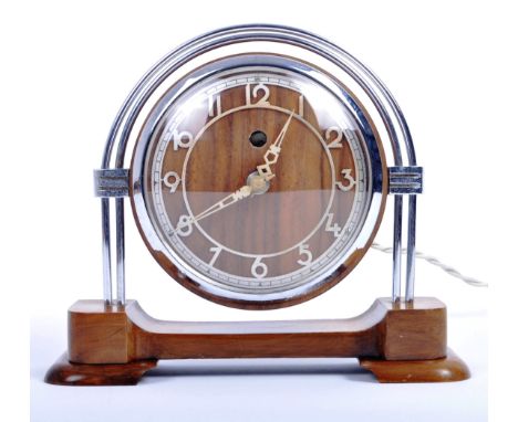 Midcentury c1940s / 1950s art deco style wooden &amp; chrome mounted desk / small mantle clock, with wooden face with white p