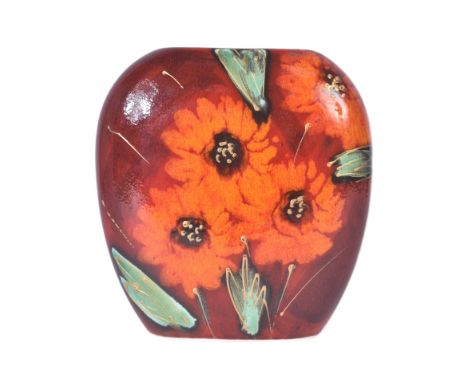 Anita Harris - AHAP - Sunflowers - a retro vintage small pottery vase decorated with Sunflowers to the front. Red ground, wit