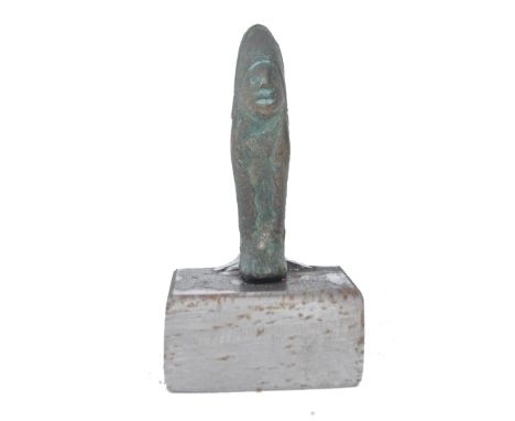 Small c. 4th - 3rd century BC bronze figure of a female idol with distinct facial figures, arms and feet. Mounted on recent c