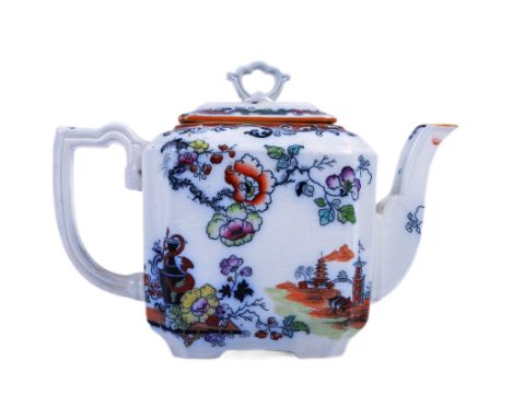 Masons - A 19th century Staffordshire Ironstone pottery ceramic teapot having painted and transfer printed decoration in a Ch