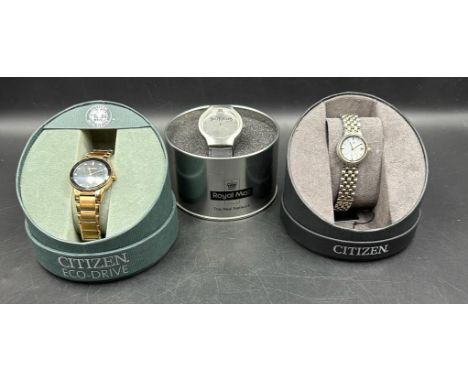 Three watches, boxed two Citizen and the other a Royal Mail The Lord of The Rings The Two Towers collectable.