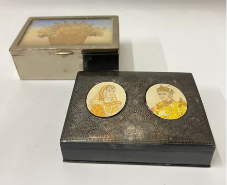 Two trinket boxes, one with a pair of portraits to front 