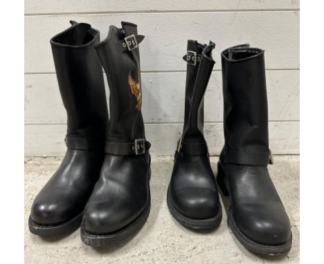 A pair of black leather CAT bikers boots size 6 and a pair of Harley Davidson bikers boots, unsized 