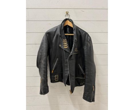A vintage Shell leather bikers jacket with Harley Davidson owners club badges, size 46