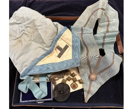 A cased selection of Masonic ephemera to include sash, buttons and badges