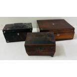 Three wooden boxes, two Sarcophagus tea caddy's and a work box AF
