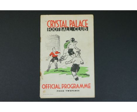 1938/39 Crystal Palace v Swindon Town football programme played 17th Sept 1938, rusty staple marks and a little loss around t