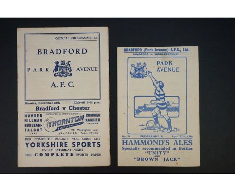 Two Bradford PA home football programmes to include v Middlesbrough 27th April 1946 &amp; Chester 27th Dec 1954, a little tat