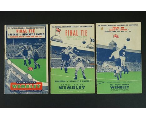 Three FA Cup Final football programmes to include 1950 Arsenal v Liverpool (pen scores to cover), 1951 Blackpool v Newcastle 