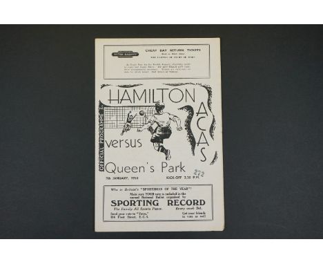 1949/50 Hamilton v Queen's Park football programme played 7th Jan 1950, folded, pencil scores in scoreboard page, gd overall 