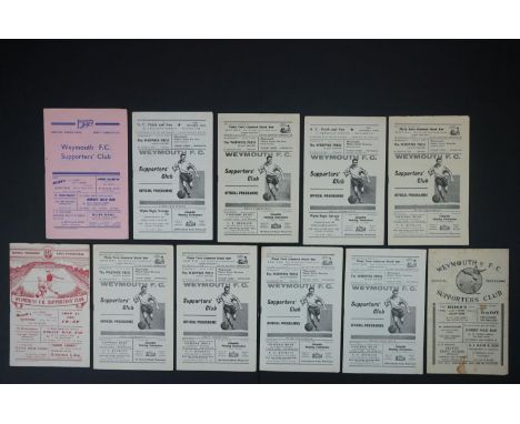 None League Football - 11 Weymouth home programmes to include Trowbridge 5th Feb 1949 (stains), Cheltenham 9th Sept 1953, FAC