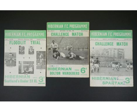 Three 1950s Hibernian football programmes to include Challenge Match v Bolton Wanderers played 26th Apr 1952 (writing to cove