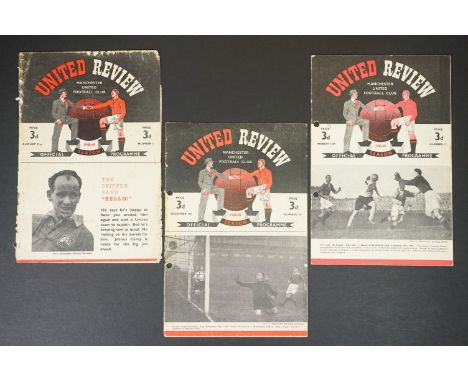 Three 1948/49 Manchester United home football programmes all with faults to include v Derby County 21st August 1948, Newcastl