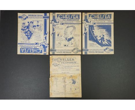 Four 1930s Chelsea home football programmes to include Charlton 25th Dec 1937, Sunderland 14th Nov 1936, Derby 31st Oct 1936 