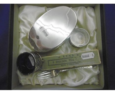 SILVER BRUSH, FORK, NAPKIN RING, MUSTARD POT AND SPOON