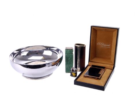 A chrome cigar ashtray by Dunhill, together with a DuPont black enamel lighter, a Dunhill shagreen Art Deco lighter inscribed