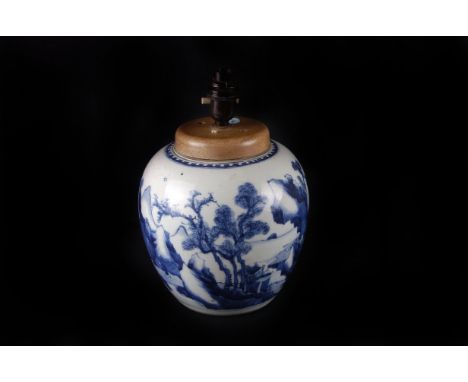 A Qianlong Chinese porcelain blue and white ginger jar, with mountainous lakeside landscape decoration, converted to a lamp b