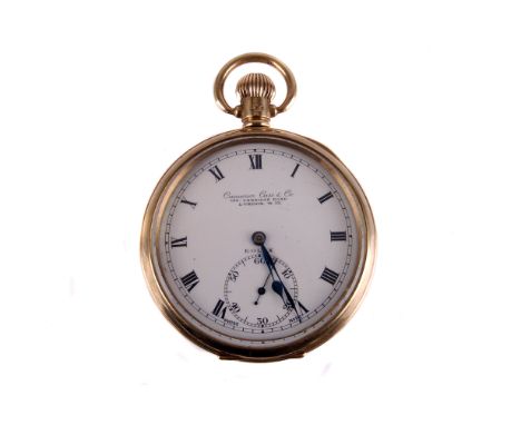 A Rolex 9ct gold open faced pocket watch for Camerer Cuss & Co, with Dennison case, signed white enamel dial, black Arabic nu