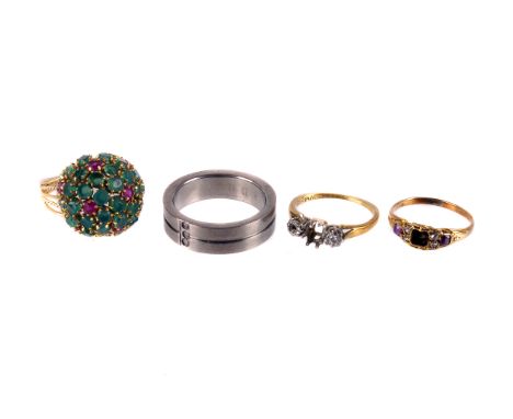 A Chinese yellow metal and gem set cluster dress ring, together with a Victorian gem set ring lacking the central stone, a th