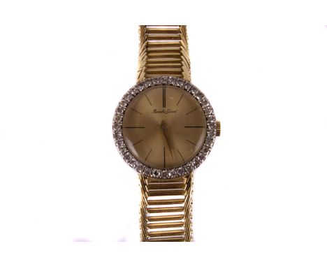 An 18ct gold Bueche-Girod lady’s cocktail wristwatch, the circular dial with batons having a diamond set bezel on ladder styl