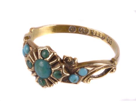 A Victorian 15ct gold and turquoise ring, the pierced tablet set with several light green beads, hallmarked 