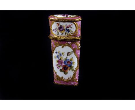 A late 19th century French enamelled etui, the tapered case with hinged cover to reveal fitted compartment containing pencil,