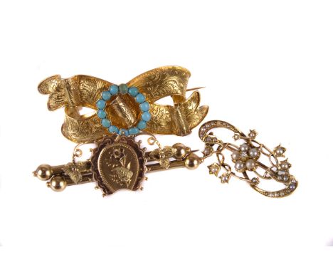 Three antique brooches, one with a tied bow set with turquoise beads, one set with seed pearls and one 9ct gold double bar wi