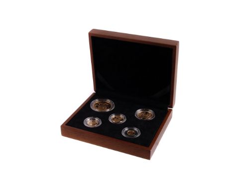 A Royal Mint 2013 UK Gold Proof Sovereign Five Coin Set, the wooden fitted presentation case including gold 5, Double Soverei