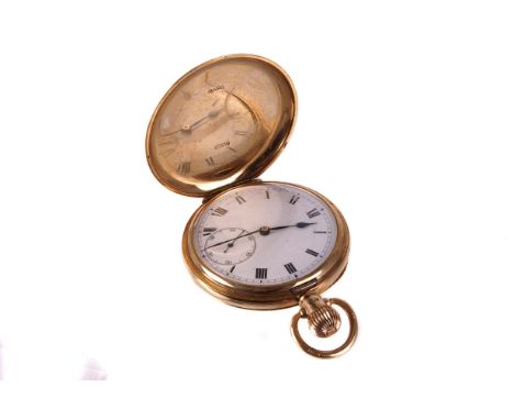 A George V 9ct gold full hunter pocket watch, with white enamel dial, black Roman numerals, subsidiary seconds dial, and 17 j
