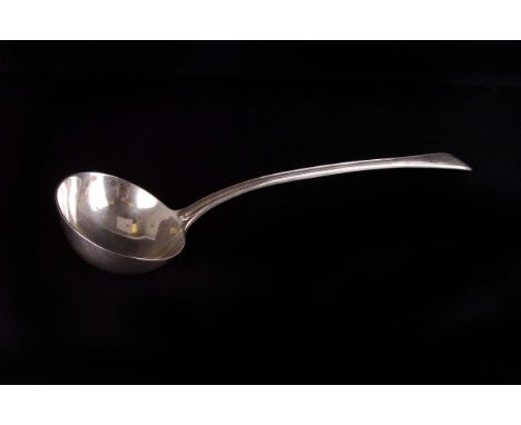 An Edward VII silver soup ladle, London 1903 by P.G. Dodd & Son, with a deer head and sprig family crest 9ozt. 