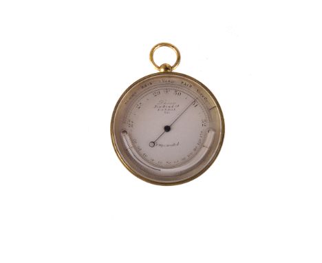 A late 19th century compensated aneroid gilt metal pocket barometer, the silvered dial signed ‘Dixey, New Bond Street, London