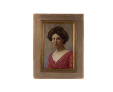 (John) Bernard Munns (1869-1942), an oil on canvas quarter length portrait of a lady in red dress, signed lower left and date