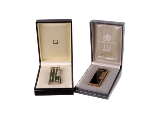 A Dunhill Art Deco design green enamel Rollagas pocket lighter, together with a Dunhill Gemline black enamel and rose gold ex