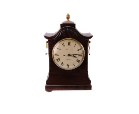 A Regency mahogany bracket clock by Edward Baker of London, with pagoda shaped top surmounting an off white roman dial with m