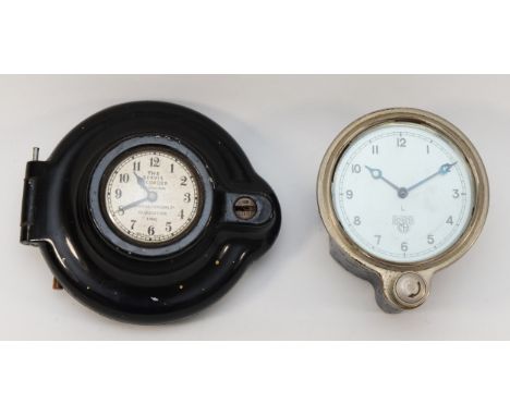 A 1930s Smiths car clock, 9cm diameter together with a Servis Recorder by Servis Recorders Ltd. Gloucester, overall 14.5cm.