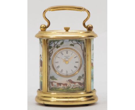 A Halcyon Days enamel and gilt brass James Purdey &amp; Sons miniature carriage clock, decorated with game shooting scenes, w