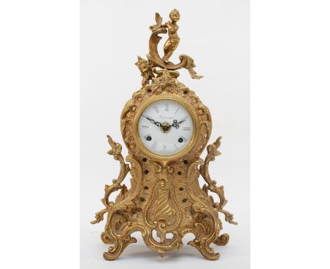 A 20th century Italian Imperial gilt brass cartouche shaped mantle clock, 42cm high. 