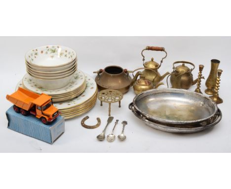 A Royal Doulton Strawberry Cream part dinner set together with various miscellaneous brass, a silver plated entree dish and c