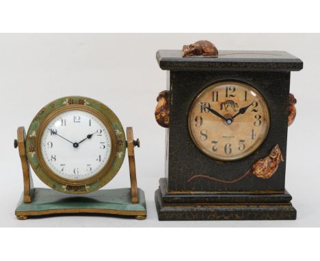 A 20th century manual French green chinoiserie cased swing mantle clock, 15cm wide together with a 20th century Irish Eek Eek